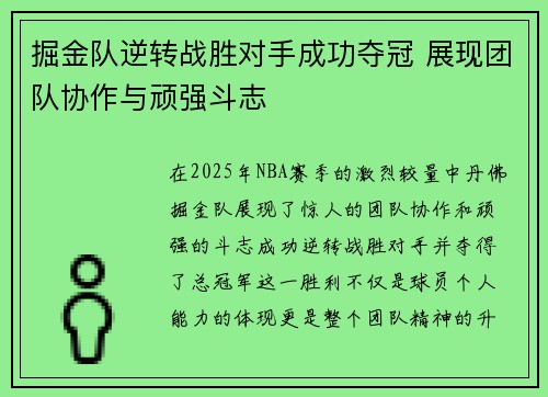 掘金队逆转战胜对手成功夺冠 展现团队协作与顽强斗志