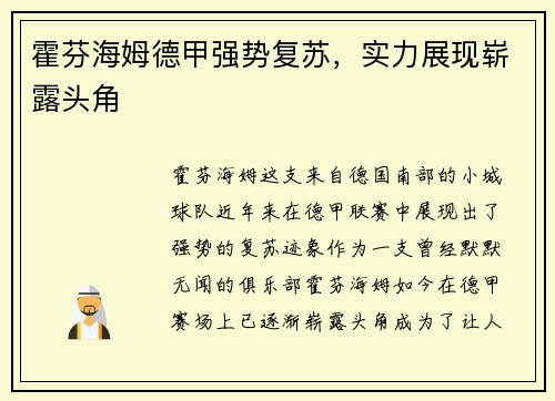 霍芬海姆德甲强势复苏，实力展现崭露头角